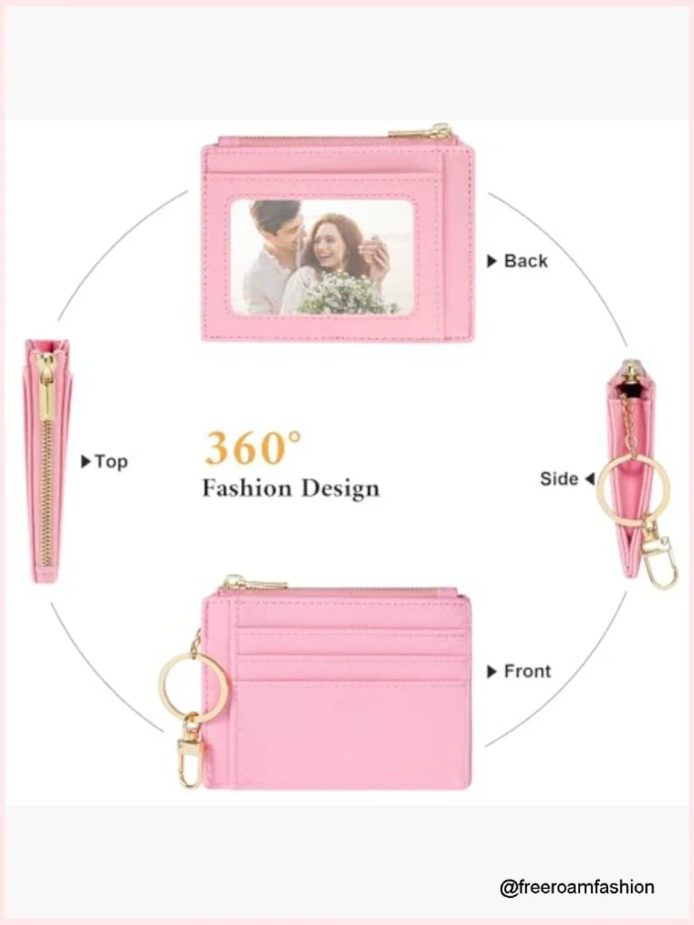 Slim Card Case Wallet for Women with Keychain - 6 Card Slots, ID Window, Zipper